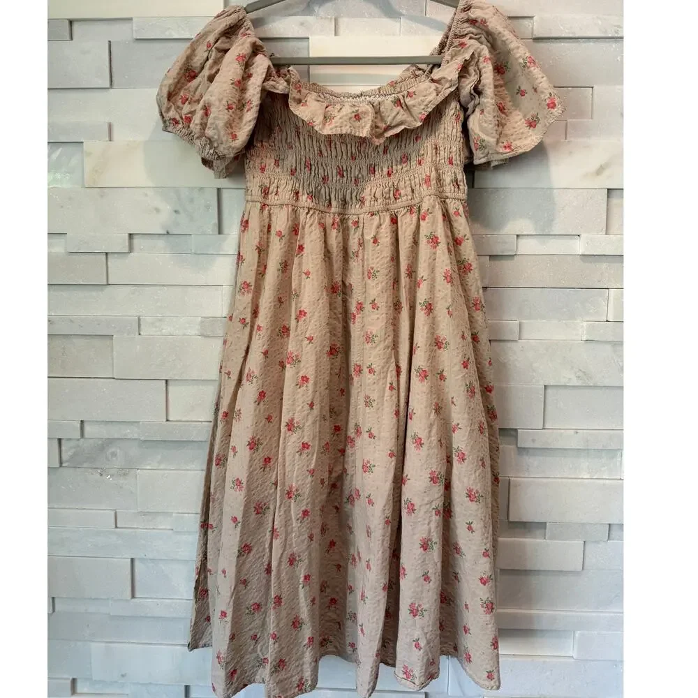 R VIVIMOS Cotton Floral Print Puff Sleeves Smocked Ruffles Midi Dress Beige XL - Picture 3 of 7